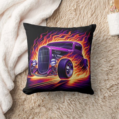 A blazing hot rod racing down a neon street  throw pillow