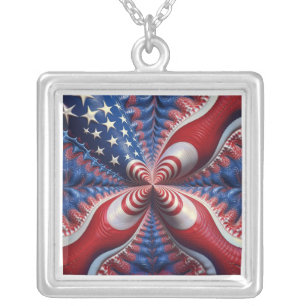 A Blend Of The American Flag And A Fractal Silver Plated Necklace