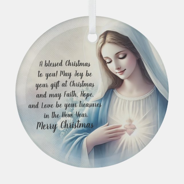 A blessed Christmas with The Virgin Mary Glass Ornament (Front)