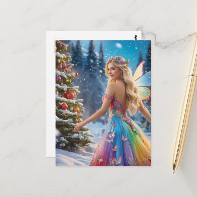 A Blond Woman fairy and Christmas Tree Postcard (Front/Back In Situ)