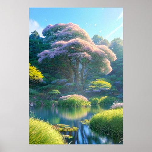 A Blossoming Haven by the Glowing Tree Poster