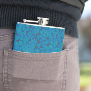 a blue and black background with a pattern flask