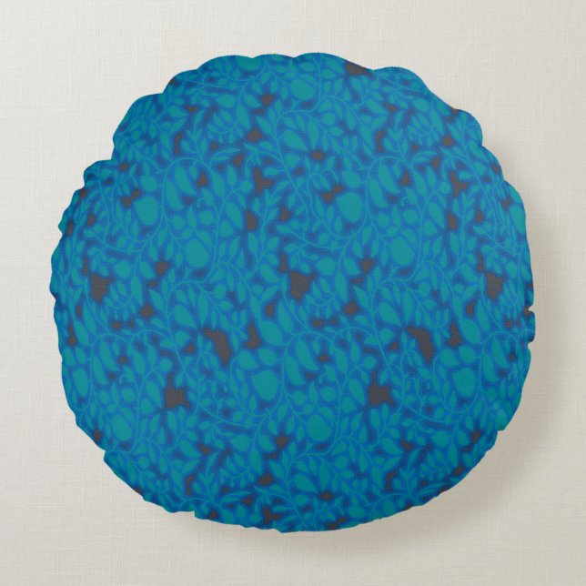 a blue and black background with a pattern round pillow (Front)