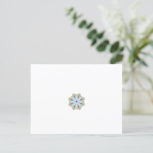 a blue and brown flower with a red center postcard