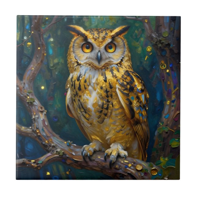 A Blue and Gold Majestic Owl   Ceramic Tile (Front)