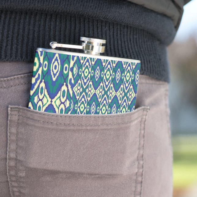 a blue and green pattern with a white background flask (In Situ)