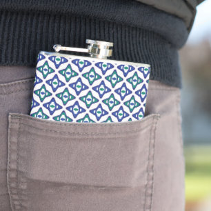 a blue and green pattern with a white background flask