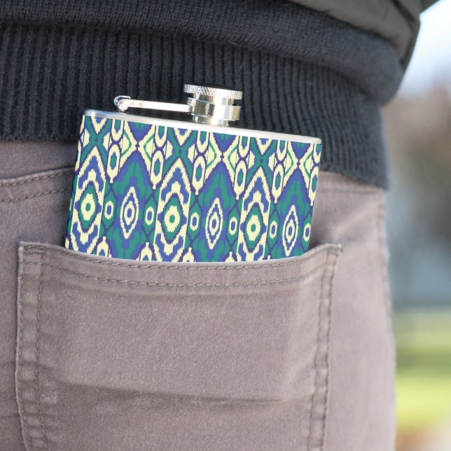 a blue and green pattern with a white background flask (In Situ)