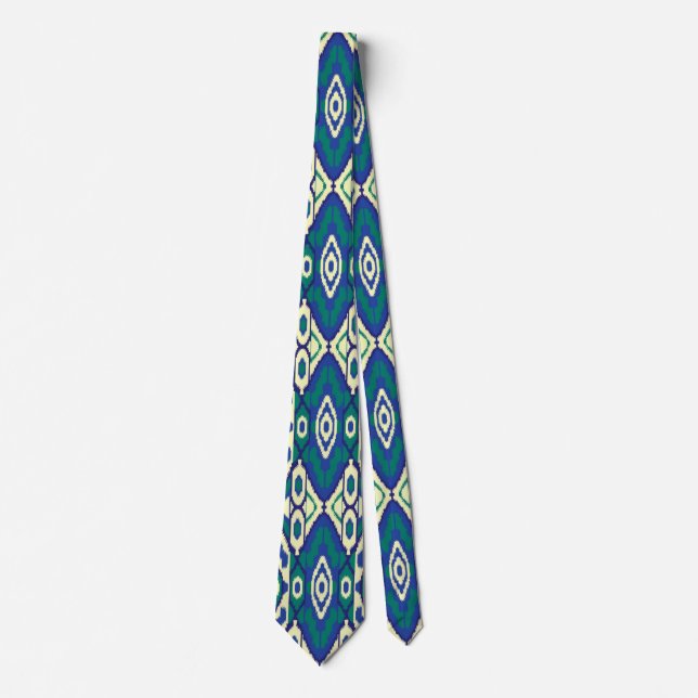 a blue and green pattern with a white background neck tie (Front)