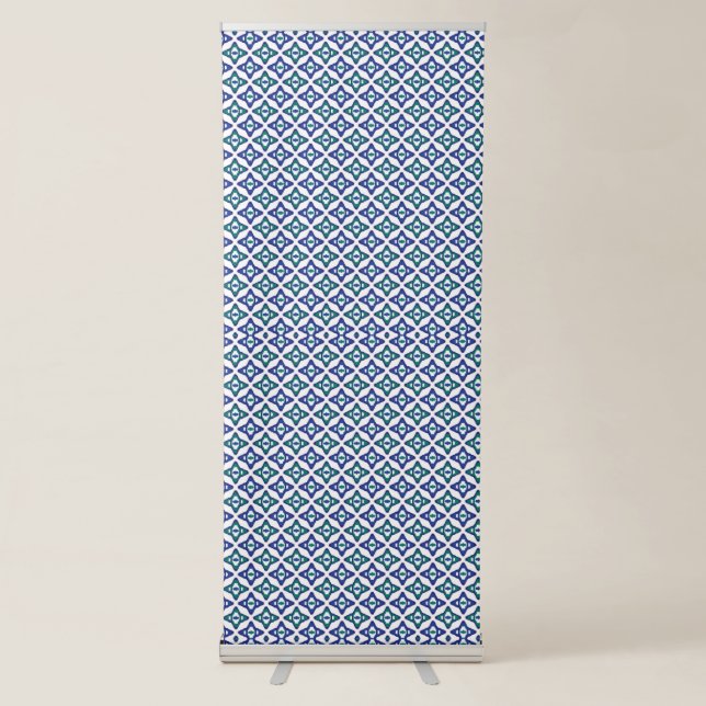 a blue and green pattern with a white background retractable banner (Front)
