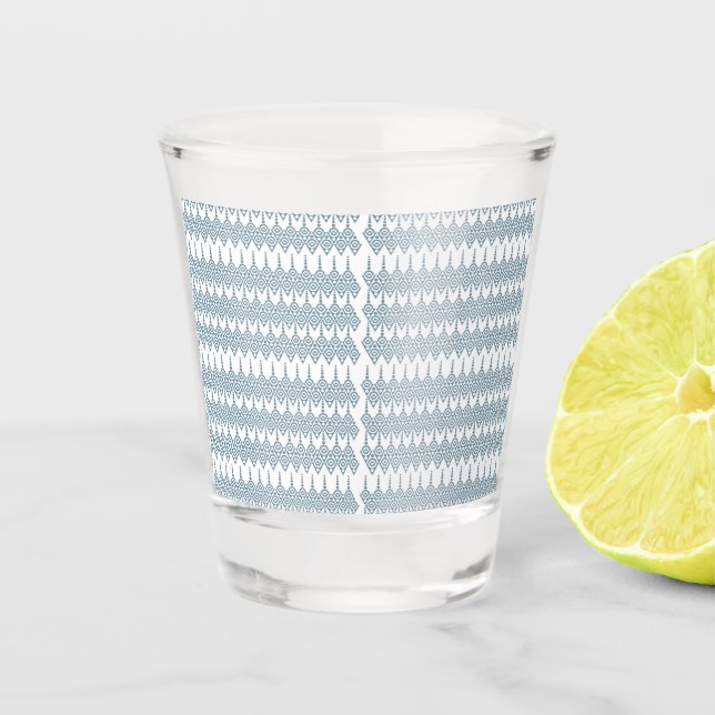 a blue and white pattern with a white background shot glass (Front)