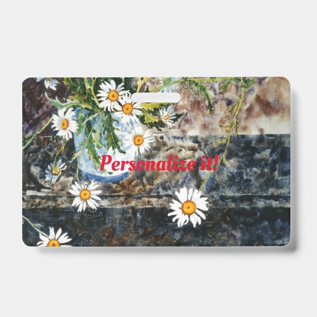 A blue and white pot of daisies on a shelf badge (Front)