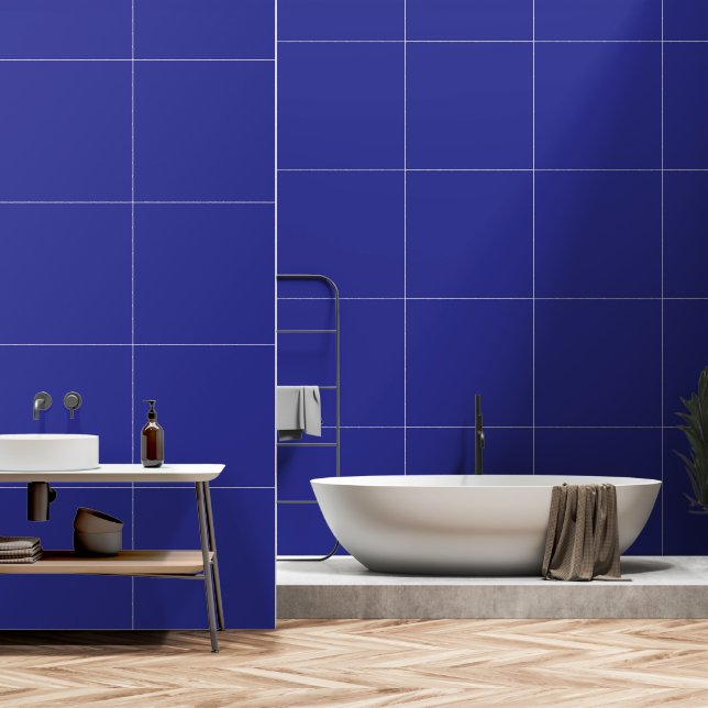 A blue background featuring a prominent white squa wallpaper  (Bathroom)