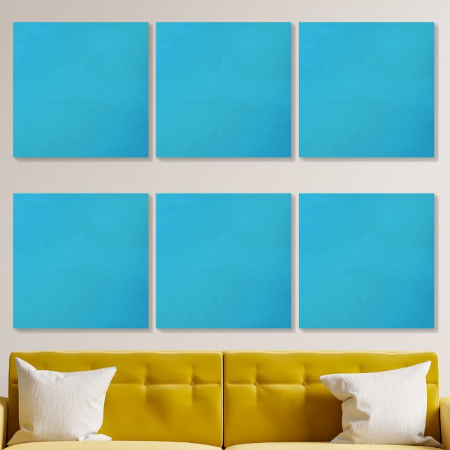 a blue background with a black and white cat wood photo tile  (Living Room)