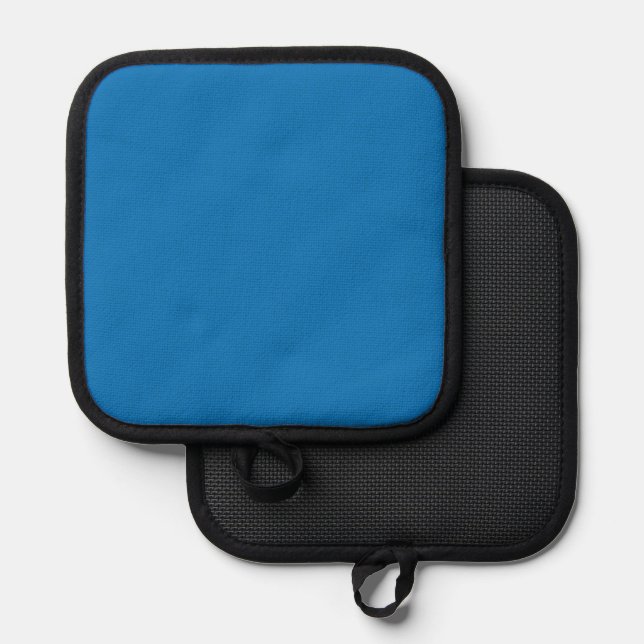 a blue background with a black and white clock pot holder (Front/Back)
