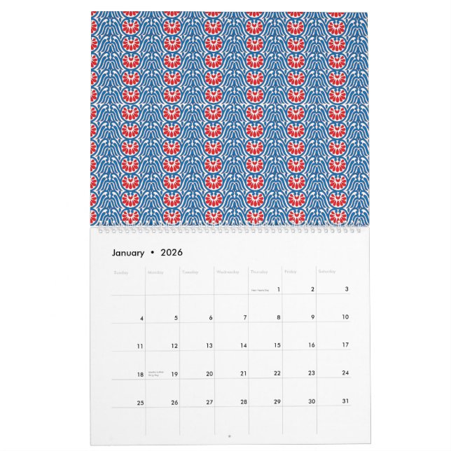 a blue background with red and white designs calendar (Jan 2026)