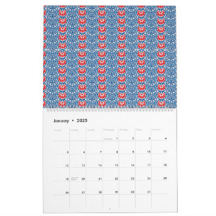a blue background with red and white designs calendar