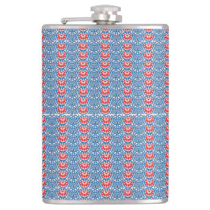 a blue background with red and white designs flask