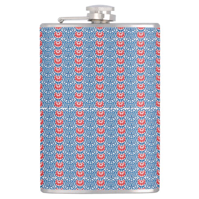 a blue background with red and white designs flask (Front)