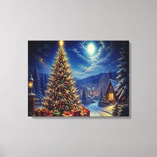 A Blue Christmas Scene In The Neighborhood Street Canvas Print