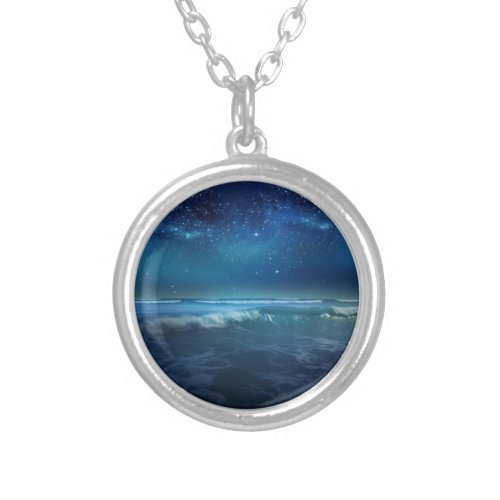 A blue ocean journey beneath a starry sky  silver plated necklace