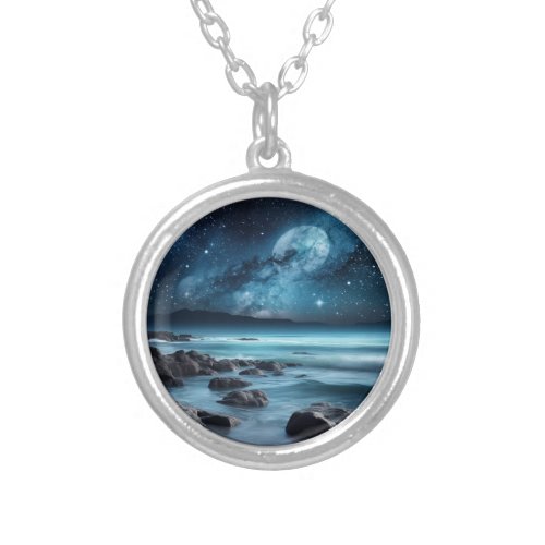 A blue ocean journey beneath a starry sky silver plated necklace