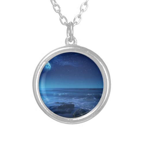 A blue ocean journey beneath a starry sky silver plated necklace