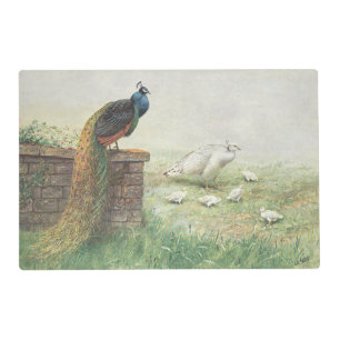 A Blue Peacock and white peahen with chicks Placemat