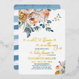 A Blue Wildflower Is On Her Way Baby Girl Shower Foil Invitation