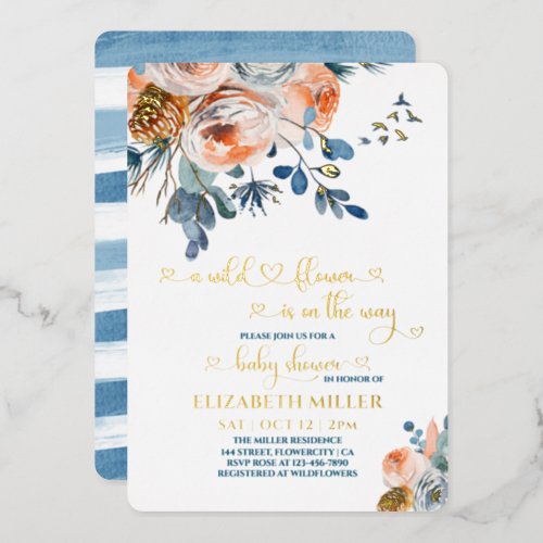 A Blue Wildflower Is On Her Way Baby Girl Shower Foil Invitation