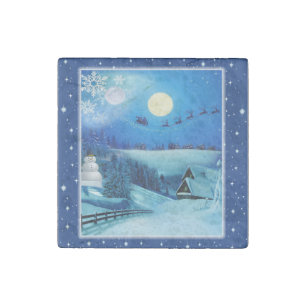 A Blue Winter Holiday Fantasy Scene Stone Magnet