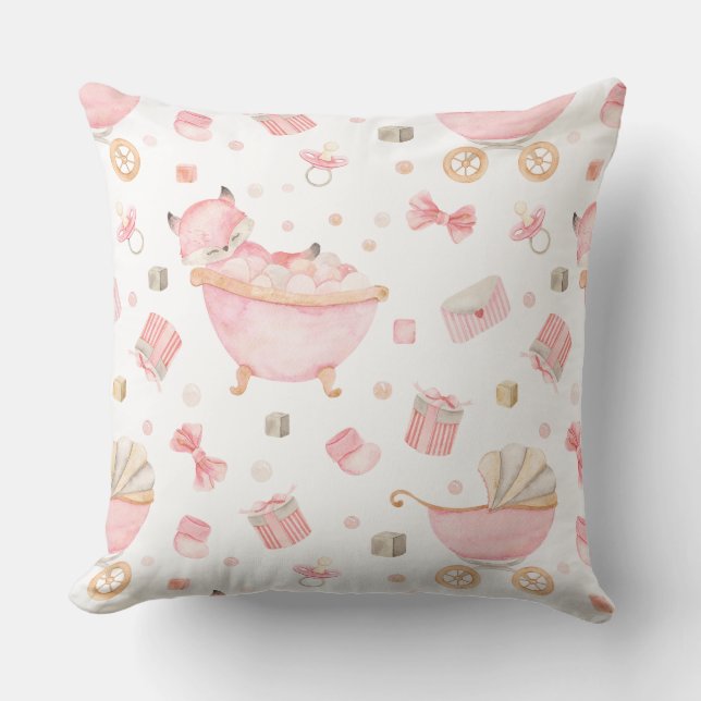 A blush pink fox having pink bubble bath in a tub  throw pillow (Front)