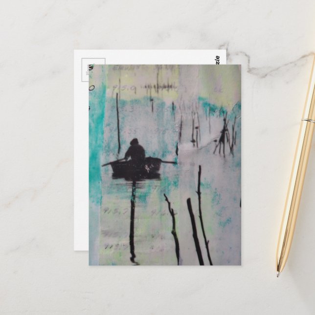 A Boat Mixed Media Collage Black White Blue Postcard (Front/Back In Situ)