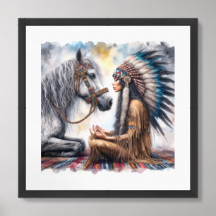 A bohemian Lakota indigenous punk woman and horse Framed Art