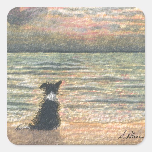 A Border Collie dog says hello to the morning Square Sticker (Front)
