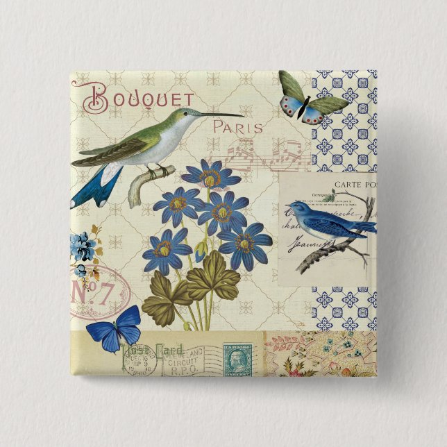 A Bouquet of Blue Flowers, Birds and Butterflies Button (Front)