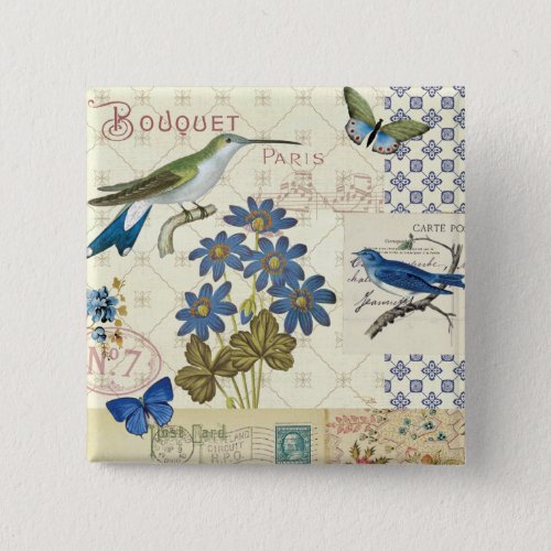A Bouquet of Blue Flowers Birds and Butterflies Button