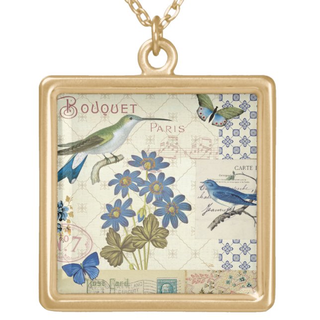 A Bouquet of Blue Flowers, Birds and Butterflies Gold Plated Necklace (Front)