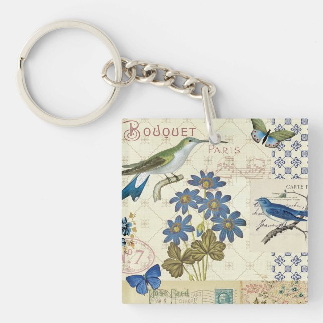 A Bouquet of Blue Flowers, Birds and Butterflies Keychain (Front)