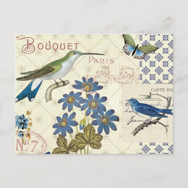 A Bouquet of Blue Flowers, Birds and Butterflies Postcard (Front)