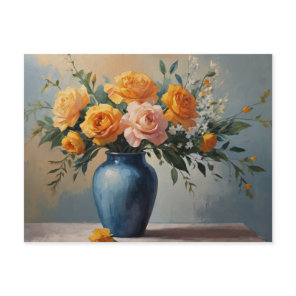 A bouquet of flowers in a blue vase postcard