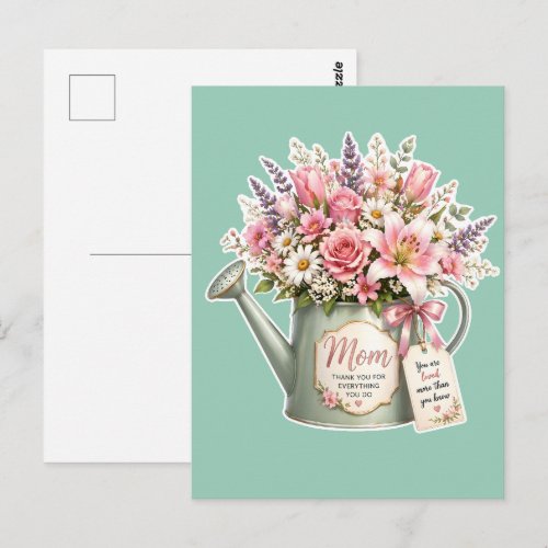 A bouquet of flowers in a watering can for mom  postcard
