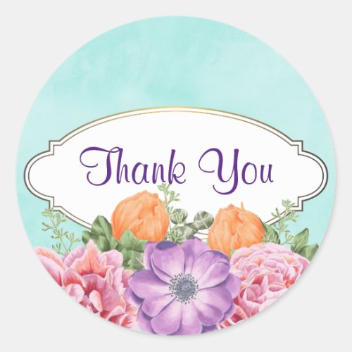 A Bouquet of Watercolor Flowers  Thank You Classic Round Sticker