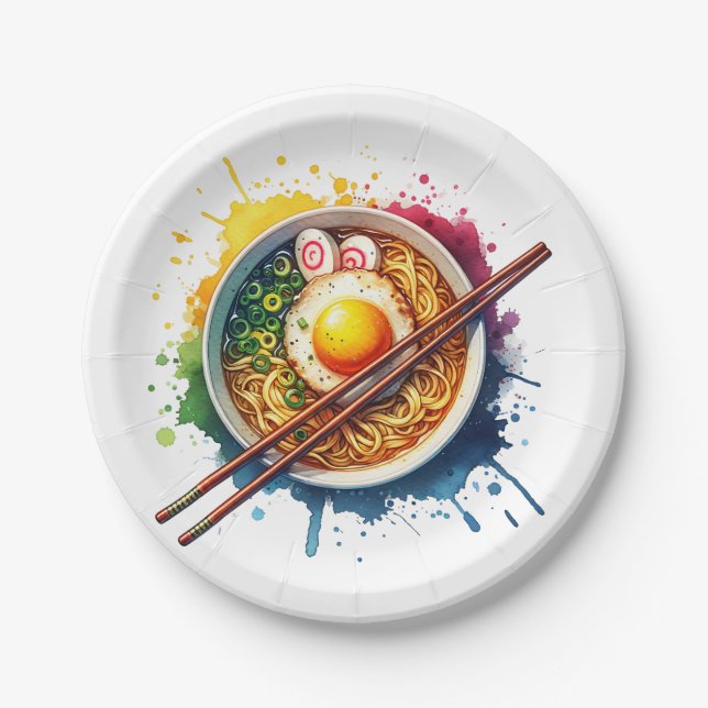 A Bowl of Ramen Noodles and Chopsticks Paper Plates (Front)