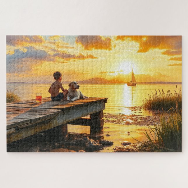 A boy and his dog at the lake at sunset jigsaw puzzle (Horizontal)