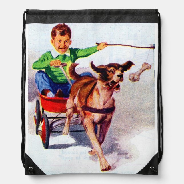 A boy and his dog cart drawstring bag (Front)