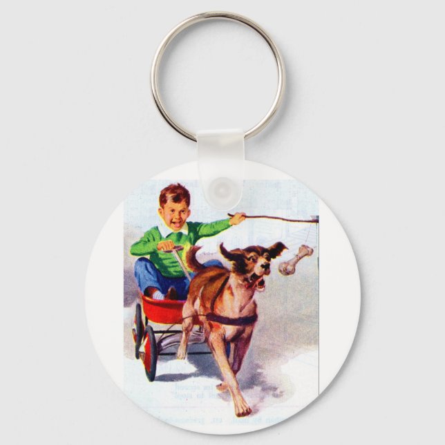 A boy and his dog cart keychain (Front)
