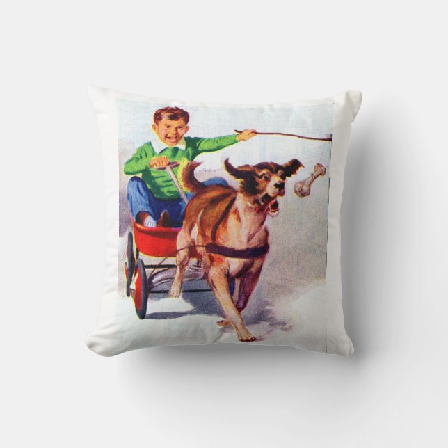 A boy and his dog cart throw pillow (Front)