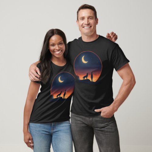 a boy and his dog howling at the moon T_Shirt