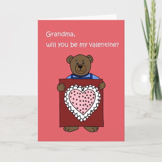 a boy bear holding a valentine for grandma holiday card (Front)